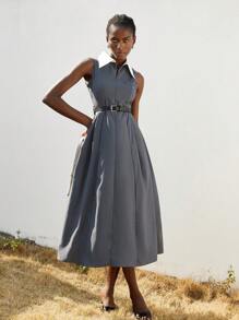 Aveloria Modichic Vestido largo elegante minimalista de alta gama para mujer con cremallera oculta delante y en la cintura, sin mangas y con cinturón de PU