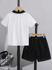 SHEIN Leap Crew 2pcs/Set Young Boys White Summer Casual Academy Korean Letter Print Polo Collar Short Sleeve Top And Contrast Color Line Cargo Shorts Outfit,Sports - Black - View 2