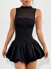 SHEIN EZwear Summer Mesh Panel  Hem Mini Dress Graduaion Dress - Black - View 1