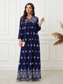 Lacomfia 女士花卉印花斜领连衣裙 - 藍色 - 查看 4