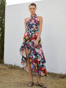Aveloria Modichic Romantic Floral Printed Dress With Small Stand Collar, Bow Back Design, Waist Gathering, Asymmetrical Hem, High Slit, Sleeveless, Maxi Length For Women