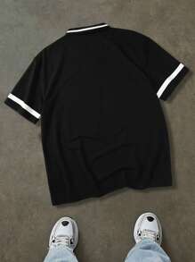 Manfinity Campus Court Men's Simple Style Fashion Casual Short Sleeve Polo Shirt, For Daily Wear Jersey T Shirt - Black - View 2