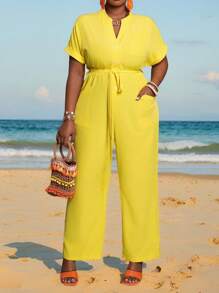 Slaydiva 2025 New Style / Rave / Easter Outfit For Women / Old Money Style For Women / Country Concert Outfit / Going Out Outfits / Fairycore / Festival Outfits / Tropical Vacation Women Clothes Outfit / Solid Yellow Short Sleeve Button Up Top With Tie Front, Plus Size / Western Wear For Plus Size Women / Green V-Neck Short Sleeve Wrap Pocket Romper / Rompers For Women Summer