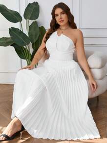 SHEIN Privé Plus Size Women's 2 Pieces Set: Elegant White Asymmetrical Ruched Crop Top With Puff Collar And Pleated Maxi Skirt, Suitable For Vacation, Beach, Party, Festival, Commuting, And Romantic Occasions, Spring/Summer - White - View 3