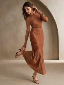 Anewsta 金属罗纹针织连衣裙，老款，女士春季服装 - 棕色 - 查看 2