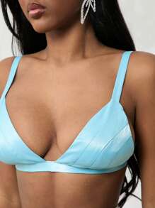 SHEIN Unity Satin Bralette Adjustable Strap Top Simple Fashion Daily Casual - Blue - View 5