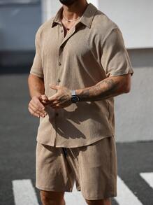Manfinity Homme Men Plus Size Solid Front Button Short Sleeve Shirt And Shorts Set, Simple Design - Khaki - View 7