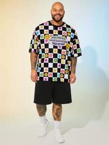 EASEVO T-shirt à col ras-du-cou à manches courtes, oversize, en tricot décontracté avec imprimé damier noir et blanc pour hommes de grande taille