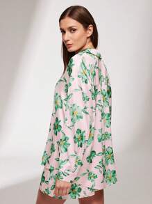 LUVLETTE Silky Satin Green Floral Print Button-Up Top & Shorts Loungewear Airy Women Pajama Set Pants With Pockets Lounge Sets For Women Lingerie