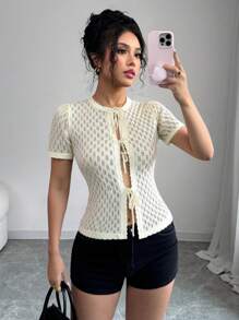 Chiquease New Sweet Fresh Simple Lace-Up Frill Hollow Out Women Cardigan Sweater, Spring/Summer - Apricot - View 3