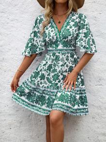 Breezaya 女式 V 领蝙蝠袖夏季休闲度假连衣裙，蓝白瓷印花，松紧腰和 A 字裙度假海滩装 - 綠色 - 查看 6