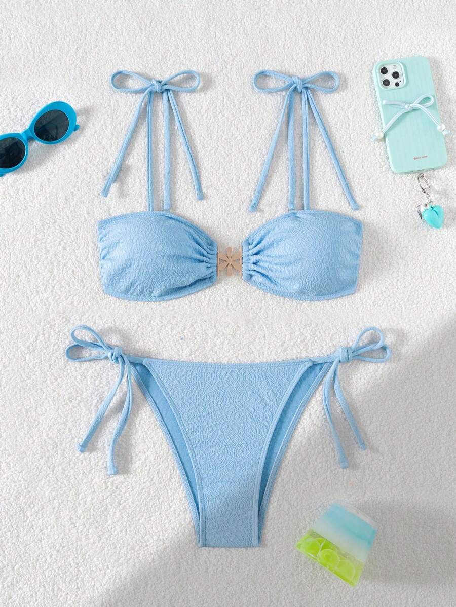 Swim Mod Women Cute Flower Tie-Up Special Fabric Swimwear Bikini Set, For Summer Beach Vacation - Blue - View 1