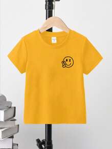 SHEIN Explorewe Young Boy Cute Smiling Face Print Round Neck Short Sleeve Casual T-Shirt - Yellow - View 2