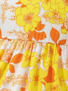 Vestido de niña con cuello de gota con volantes elegantes, sin mangas, de patchwork con lunares y estampado floral pequeño, adecuado para uso al aire en el campo - Amarillo - Ver 3