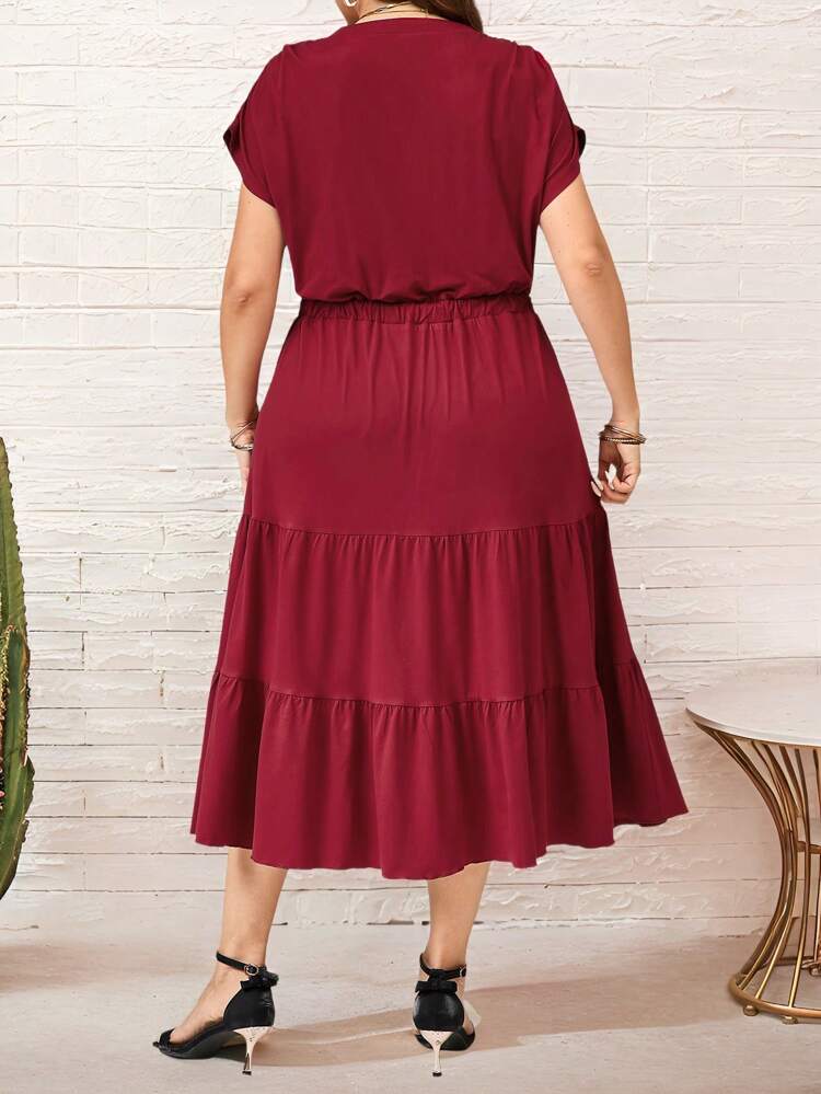Plus Size Women's Short Sleeve Burgundy  Dress,Summer Outfits For Women,Red Dress Plus Size