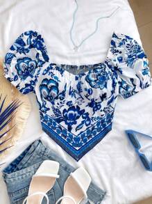 SHEIN Teen Girls Asymmetrical Hem Square Collar Vacation Shirt With Plant Print - Blue and White - View 1