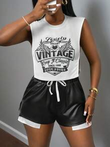 Slaydiva Nouveau débardeur de rue décontracté printemps et été à col rond sans manches avec logo blanc imprimé ailes anglaises sur les côtés tronqués et perforés. Jeu de deux pièces femmes comprenant ce top et une mini-jupe bicolore noire et blanche en PU ajustée - Multicolore - Voir 3