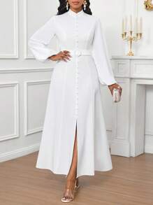 SHEIN Lady Women's Solid Color Stand Collar Lantern Sleeve Split Hem Casual Dress