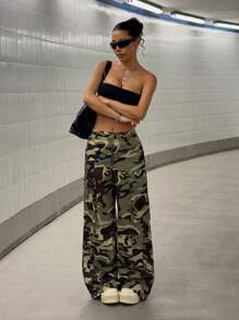 StreetHx Women's Oversized Streetwear Camo Multi-Pocket Cargo Pants, All Season