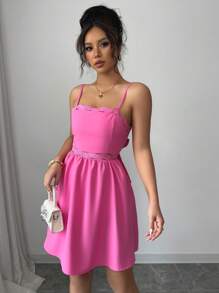 Elenzga Women's Solid Color Spaghetti Strap Simple Short Dress, Casual Vacation - Hot Pink - View 5