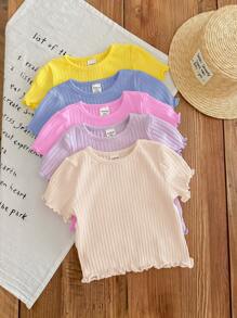 SHEIN LMoss Kids 5件套女童夏季可爱罗纹纯色荷叶边下摆短袖上衣 - 彩色 - 查看 6