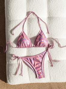 Swim Mod Shiny Vacation Beach Bikini Set For Summer - Red - View 5