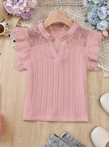 Áo sơ mi đơn giản, thường ngày, ren chắp vá màu trơn cho bé gái tuổi mới lớn, mặc hàng ngày - Hồng - Xem 3