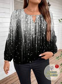 SHEIN Clasi Blusa holgada casual con cuello de ojal, mangas farol y patrón brillante, adecuada para otoño/invierno, talla grande