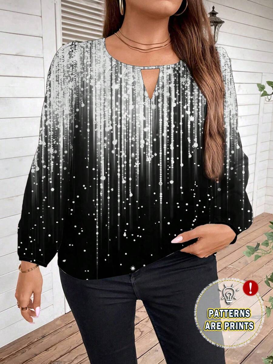 SHEIN Clasi Blusa holgada casual con cuello de ojal, mangas farol y patrón brillante, adecuada para otoño/invierno, talla grande