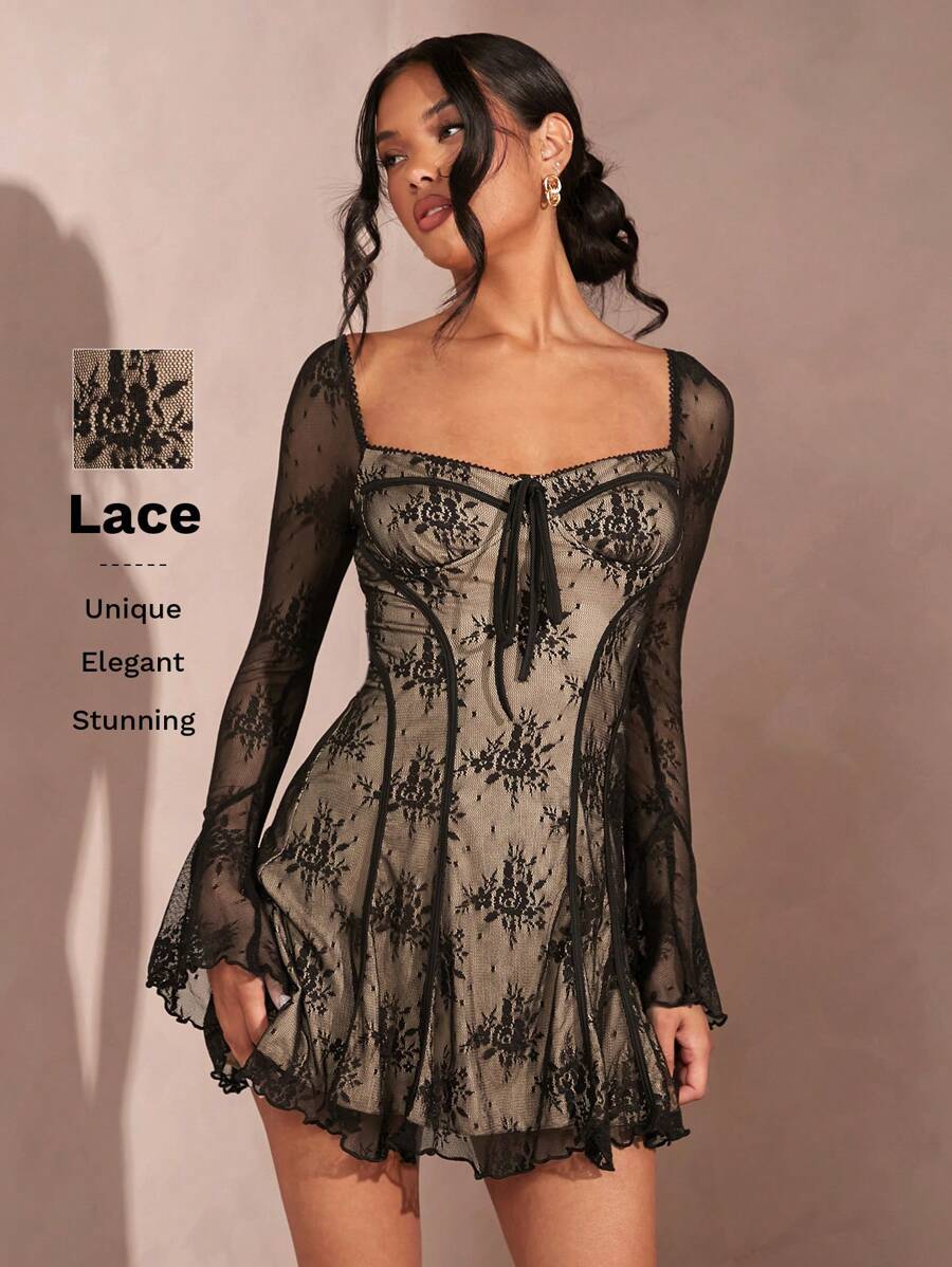 SHEIN BAE 女士夏季性感蕾絲胸罩杯風格迷你裙，荷葉邊及泡泡袖 - 黑色 - 查看 1