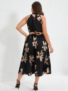 Aveloria Modichic Elegant Mature Fashion Black Base Khaki Big Flower Print Halter Tie Waist Pleated Flowy Dress, Plus Size