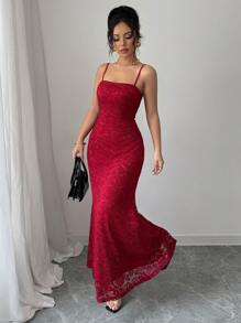 Elenzga Women's Fitted Lace Dress With Mermaid Hemline - Burgundy - View 4