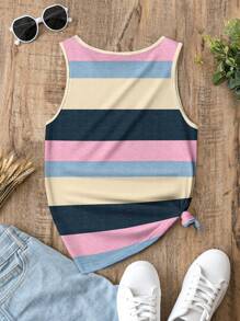 SHEIN LUNE Casual Stitching Striped Pattern Round Neck Women's Tank Top Suitable For Spring And Summer - Multicolor - View 7
