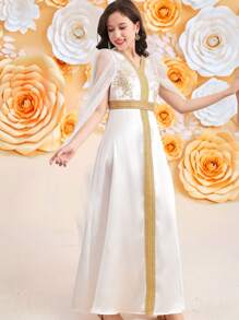 SHEIN Leap Crew 少女奢华、优雅、迷人、假日、派对礼服、铂金、金色花朵、水晶缎面连衣裙 - 白色 - 查看 4