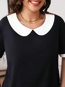 SHEIN LUNE Women's Versatile Slimming Color Block Peter Pan Collar Cuff Splicing Back Button Decor Detailed Short Sleeve Shirt - Black - View 6