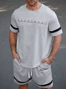 Manfinity Homme Men's Plus Size Round Neck Short Sleeve Top & Shorts Casual 2 Pieces Set - Black and White - View 3