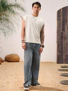 Manfinity VCAY Unisex Casual Knit Letter Print Loose Fit Sleeveless Tank Top, Suitable For Everyday Wear - Apricot - View 6