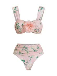 Swim Oasis Women's Premium Romantic Vacation Rose Print Swimwear Set, For Summer Beach