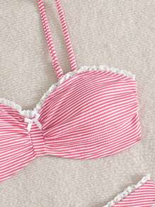Swim Mod Women's Striped Lace Trim Bow Decor Bikini Swimwear Set, Summer Beach Vacation - Multicolor - View 4