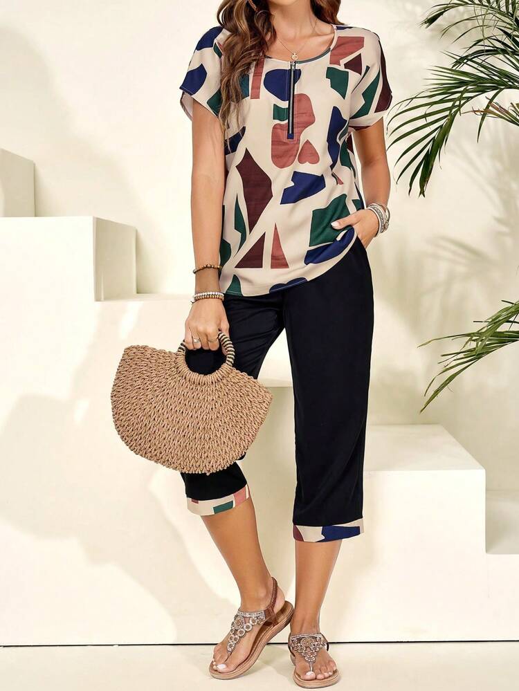 2pcs/Set Plus Size Women Geometric Print Short Sleeve Top And Pants Spring Outfits For Women Vacation Country