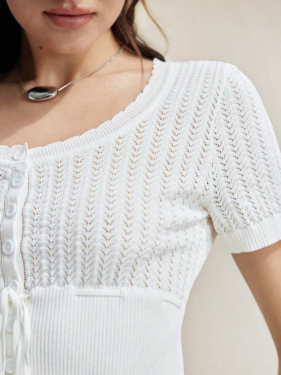 Aveloria Women's Minimalist Fresh Distinct Square Neck Design White Lace Knit Short Sleeve Blouse, Spring/Summer - White - View 1