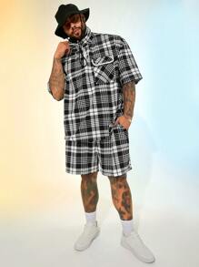 EASEVO Plus Size Men's Loose Knit Plaid Long Sleeve Shirt And Shorts Set - Multicolor - View 3