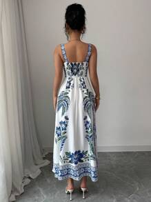 Elenzga Women Summer Placement Print Slip Dress - Blue and White - View 2