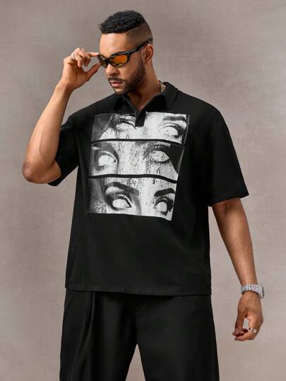 Manfinity VCAY Áo thun polo tay lỡ dệt kim in họa tiết cỡ lớn cho nam