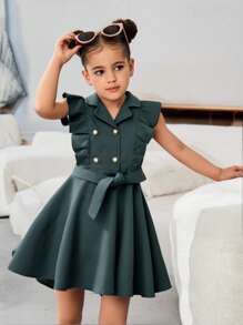 Girls' Formal Dress, Waist Cinched, Double Breasted, Sleeveless, Green Belt, Suit Style Collar, Commuting Wear, Suitable For Formal Occasions - Green - View 1