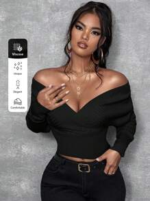 SHEIN X Lucía Bellido SHEIN SXY Áo len dài tay hở vai màu trơn ôm vừa vặn cho nữ, Thu/Đông, Áo dài tay - màu đen - Xem 3