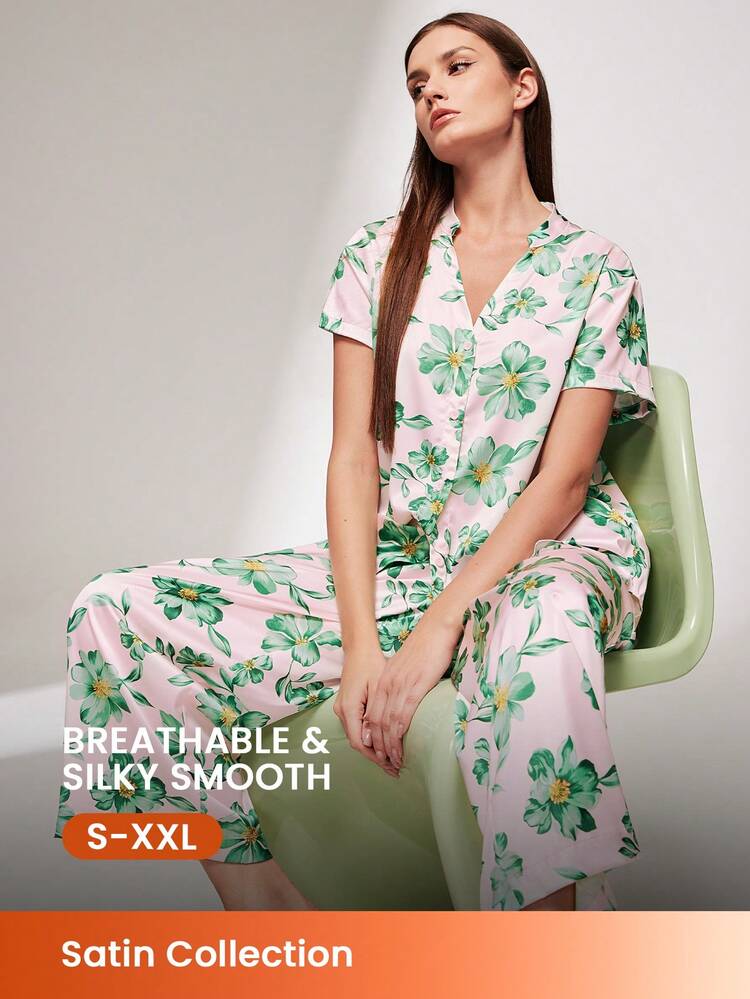 Satin Patterned Button-Up Top & Pants PJ Set