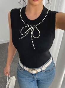 Chiquease Elegant Casual Crew Neck Pullover Knit Top With Bow Decor, Everyday Wear, Spring