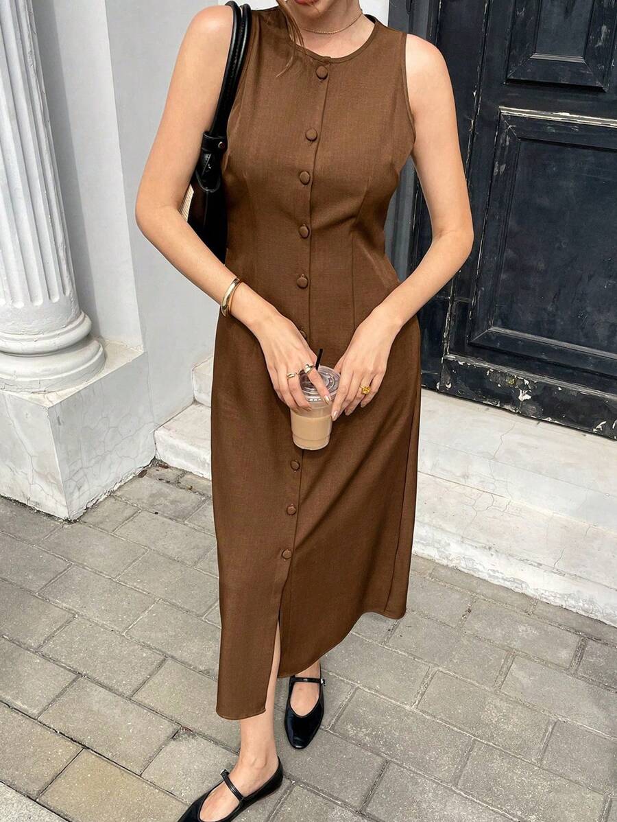 Pariaura 法式优雅单排扣纯色无袖腰带女式连衣裙