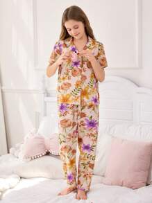 2pcs Tween Girl Elegant Casual Flower Print Short Sleeve Top And Long Pants Sleepwear Sets